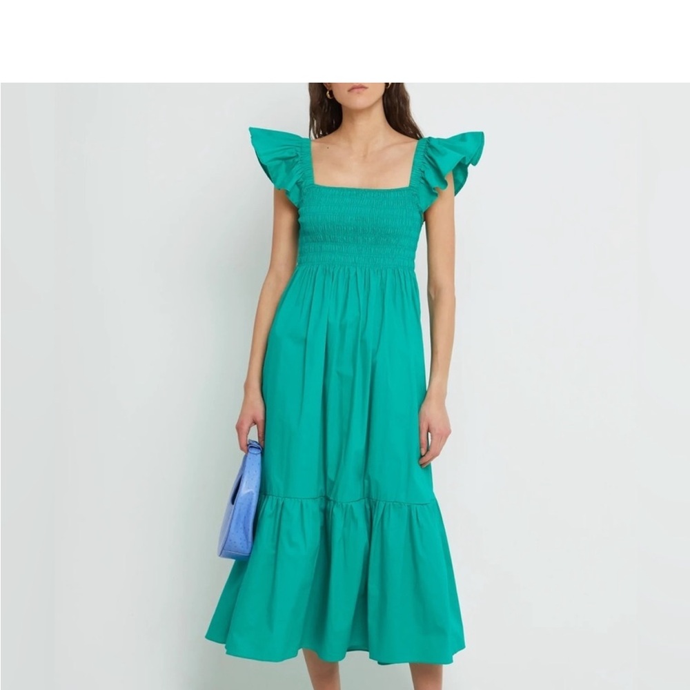 NWT Opt / Tuscany Kelly green smocked tiered ruffle sleeve  maxi dress size lrg